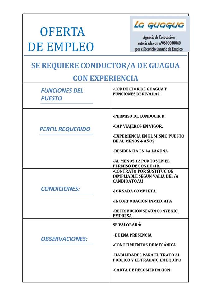 Oferta de Empleo: Conductor/a de Guagua