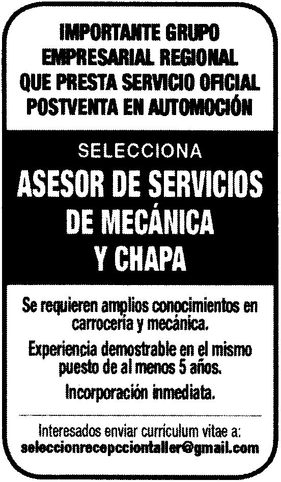 Oferta de Empleo: Asesor de Servicios de Mecánica y Chapa