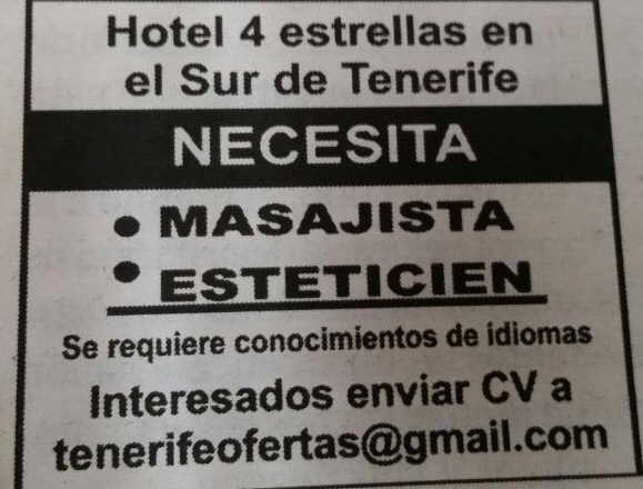 Masajista y Esteticien para hotel 4 estrellas en el sur de Tenerife