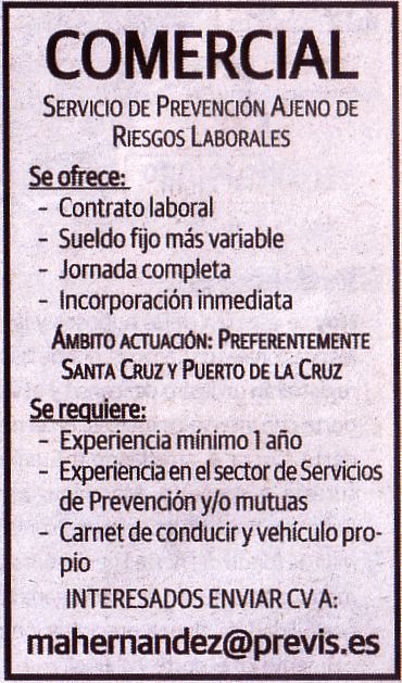 Oferta de Empleo: Comercial para Tenerife