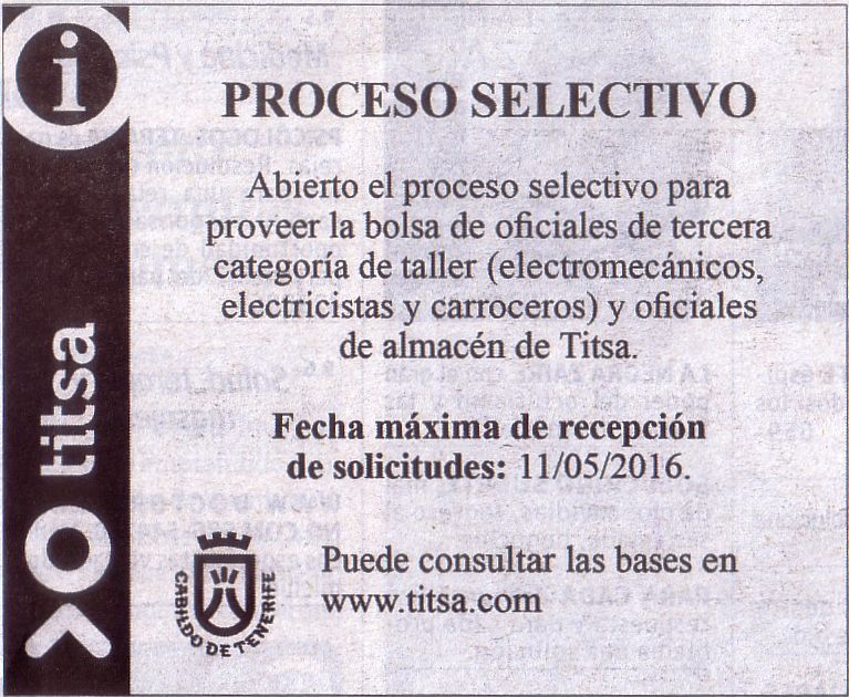 Proceso selectivo de Titsa: Oficiales de Tercera categoría de taller y oficiales de almacén