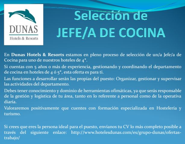 Jefe/a de Cocina para hotel en Gran Canaria