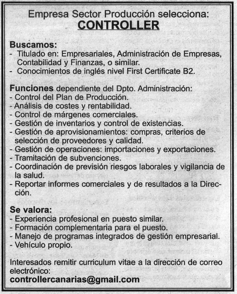 Oferta de Empleo: Controller