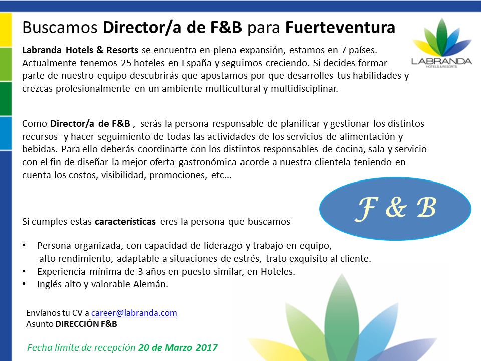 Dirección F&B para Fuerteventura