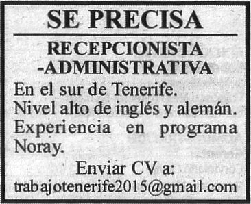 Oferta: Recepcionista/Administrativa para el sur de Tenerife