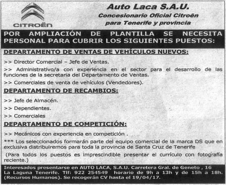 Varias Ofertas de Autolaca: Director/a Comercial-Jefe de Ventas, Dependientes/as, Comerciales, etc