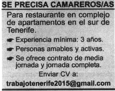 Oferta de Empleo: Camareros/as