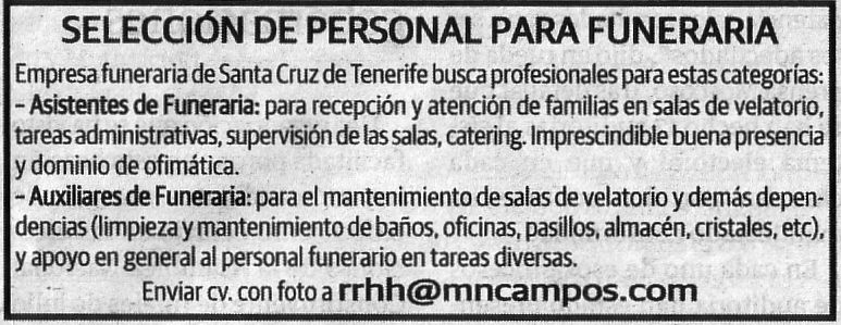 Oferta de Empleo: Personal para Funeraria