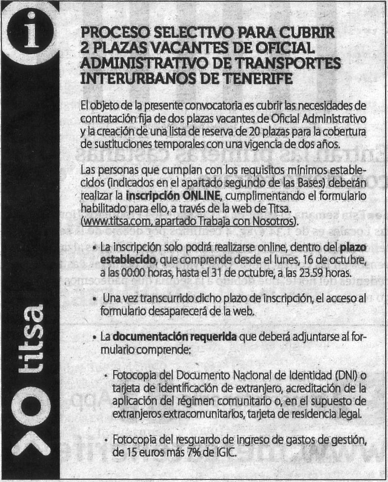 Oferta de Titsa: 2 oficiales administrativos/as