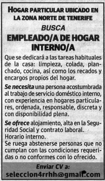 Oferta: Empleado/a de Hogar Interno/a