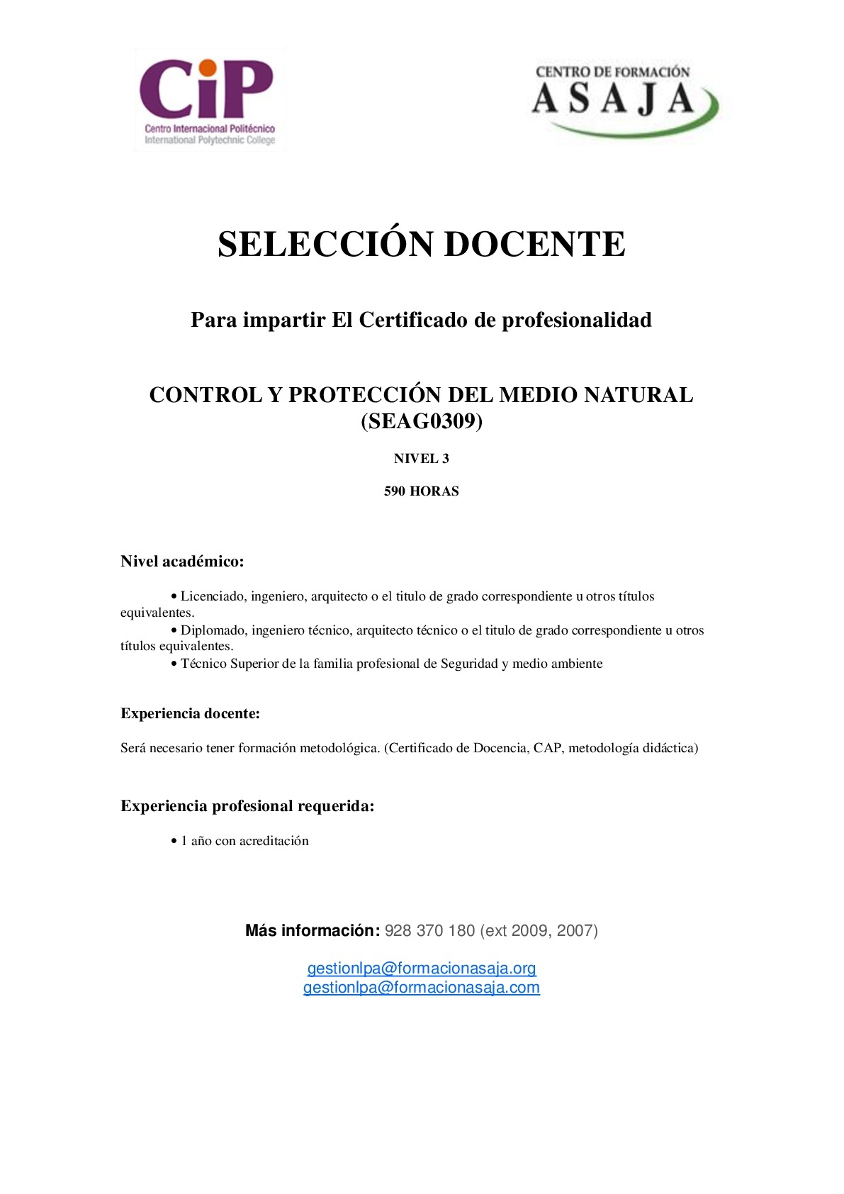 Docente para impartir "CONTROL Y PROTECCIÓN DEL MEDIO NATURAL" en Gran Canaria