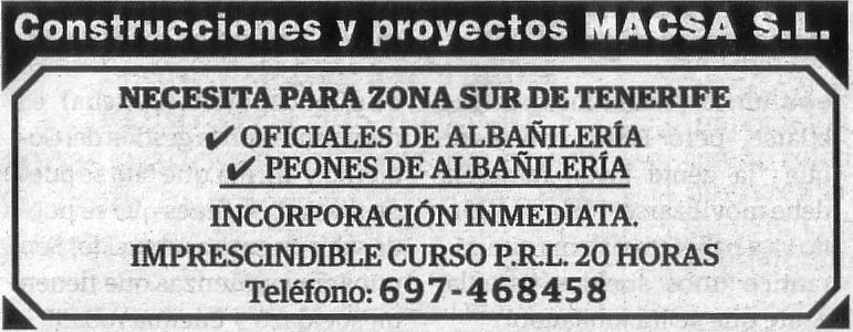 Oferta de Macsa: Oficiales y Peones de Albañilería