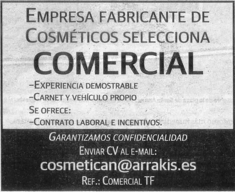 Oferta: Comercial para empresa fabricante de cosméticos en Tenerife