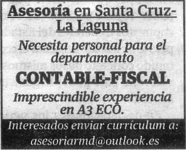 Oferta: Contable-Fiscal para asesoría en Santa Cruz/La Laguna