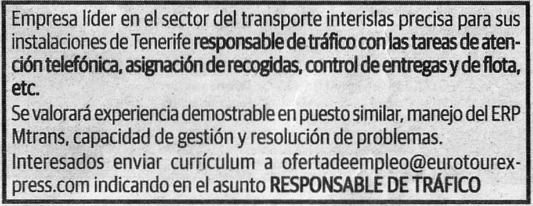 Oferta: Responsable de Tráfico para Tenerife