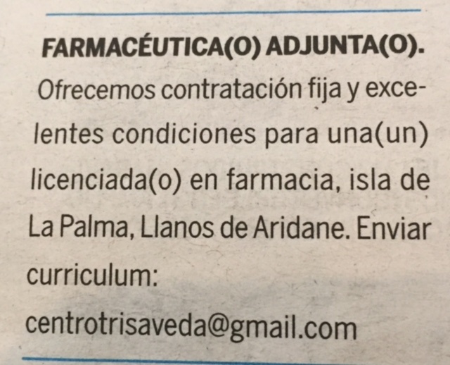 Farmacéutico/a adjunto/a para Los Llanos de Aridane