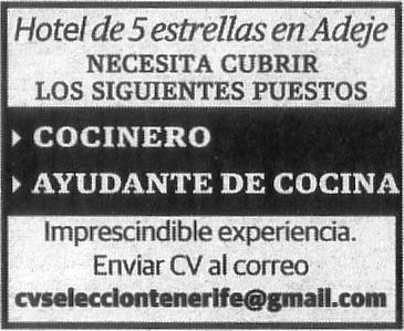 Cocinero/a y Ayudante de Cocina para Hotel 5* en Adeje