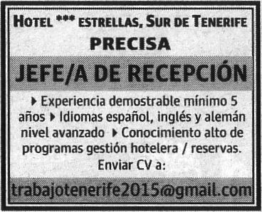 Jefe/a de Recepción para el sur de Tenerife