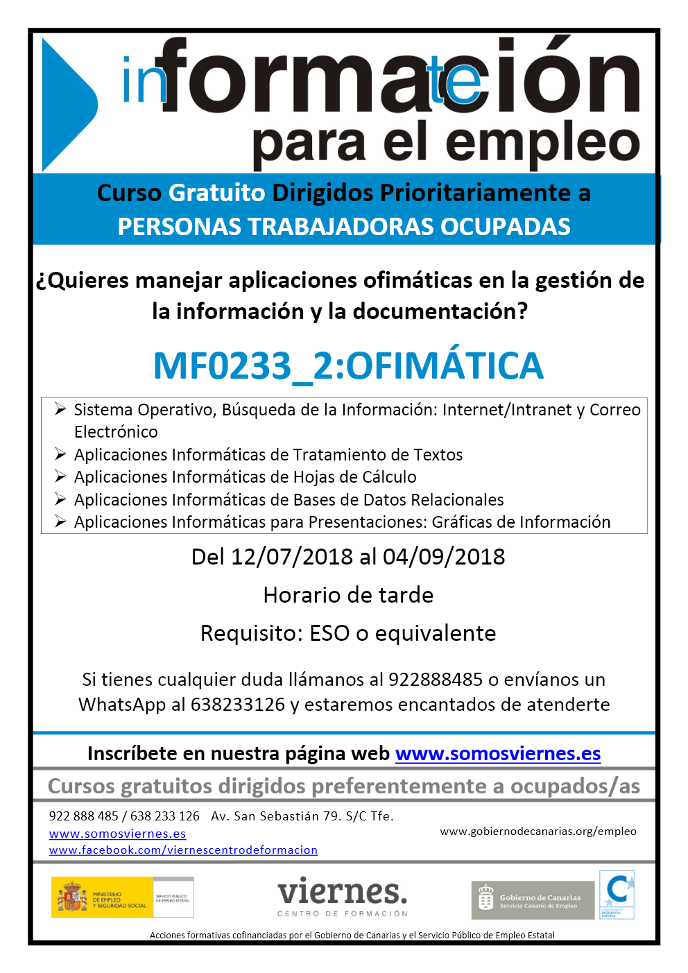 Curso gratuito de "Ofimática" en Tenerife