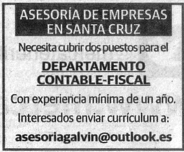 Oferta: Asesoría de Empresas en Santa Cruz de Tenerife precisa cubrir dos puestos en su departamento Contable-Fiscal