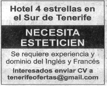 Oferta de empleo: Esteticien para el sur de Tenerife