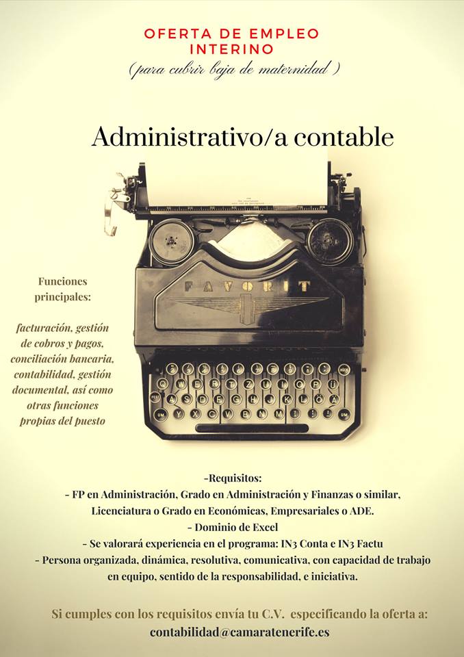 Oferta de Empleo de la Cámara de Comercio de Santa Cruz de Tenerife: Administrativo/a Contable para cubrir baja por maternidad