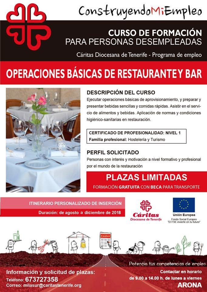 Tenerife: Curso "Operaciones Básicas de Restaurante y Bar" para personas en situación de desempleo