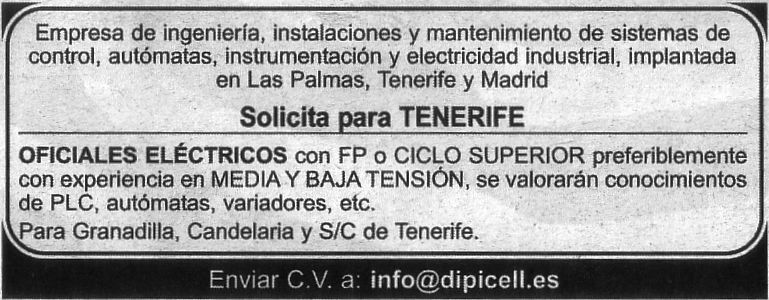 Oferta: Oficiales Eléctricos con FP o Ciclo Superior para Granadilla de Abona, Candelaria y Santa Cruz de Tenerife