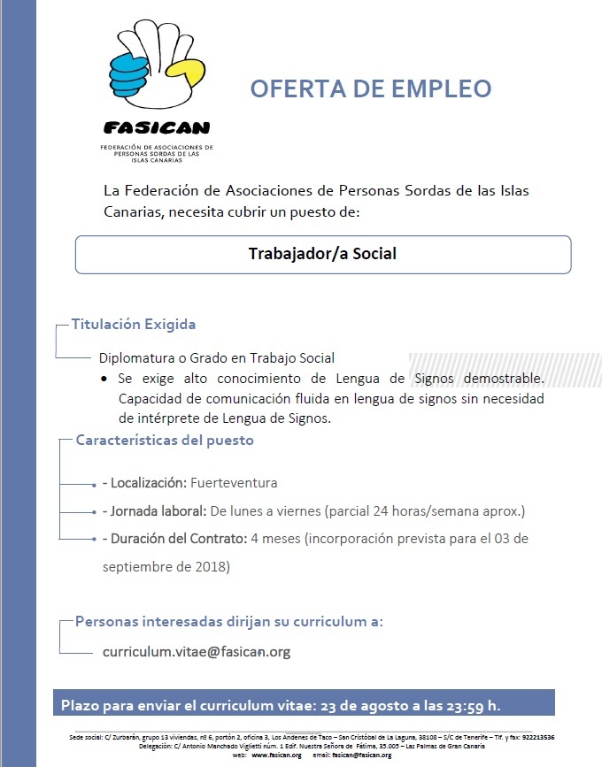 TRABAJADOR/A SOCIAL para FASICAN en FUERTEVENTURA