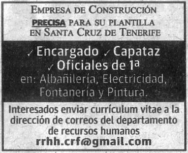 Oferta de empleo de empresa de construcción: Encargado/a, Capataz y Oficiales de 1ª