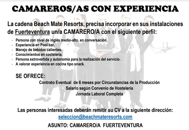 Camareros/as con experiencia para Fuerteventura