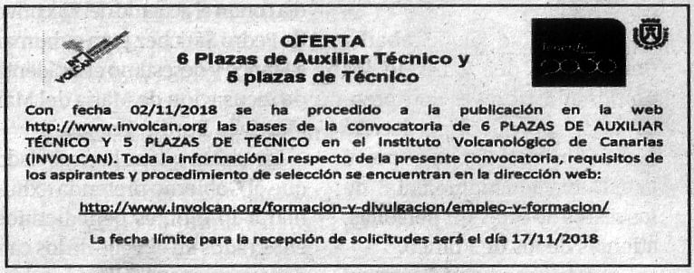 Involcan: 6 plazas de Auxiliar Técnico y 5 plazas de Técnico