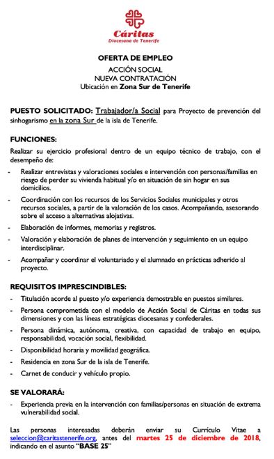 Trabajador/a Social para proyecto de prevención del sinhogarismo en la zona sur de Tenerife