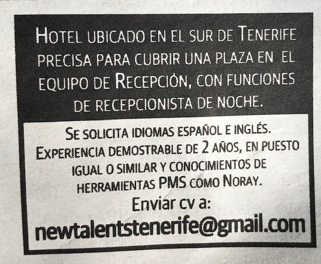 Recepcionista de noche para el sur de Tenerife