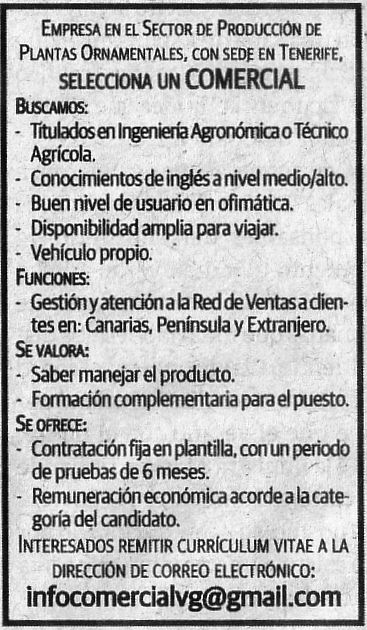 ¿Ingeniero/a Agrónomo/a o Ingeniero/a Técnico/a Agrícola? Comercial para Tenerife