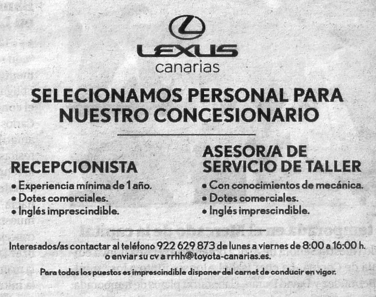 Recepcionista y Asesor/a de Servicio de Taller para Lexus