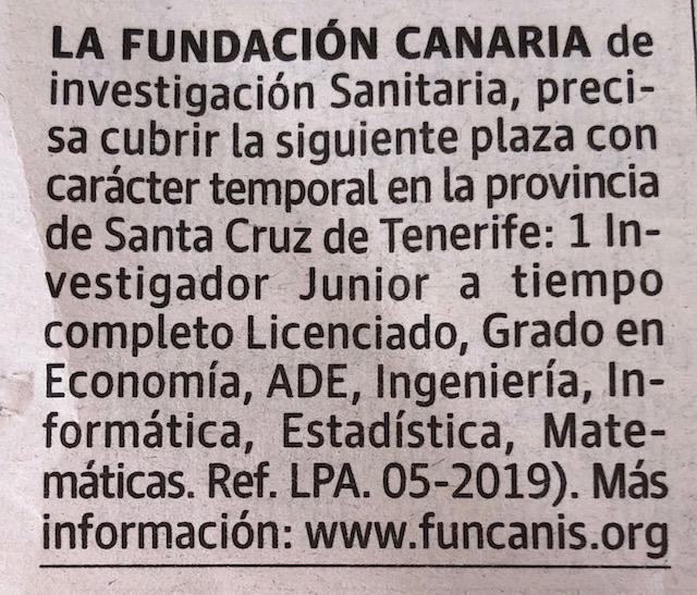 FUNCANIS: Investigador/a Junior a tiempo completo (ADE, Economía, Ingeniería Informática, Estadística, Matemáticas) para Santa Cruz de Tenerife