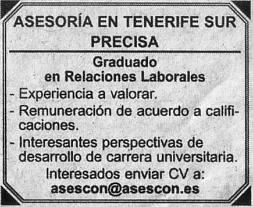 Oferta: Asesoría en el sur de Tenerife precisa Graduado/a en Relaciones Laborales